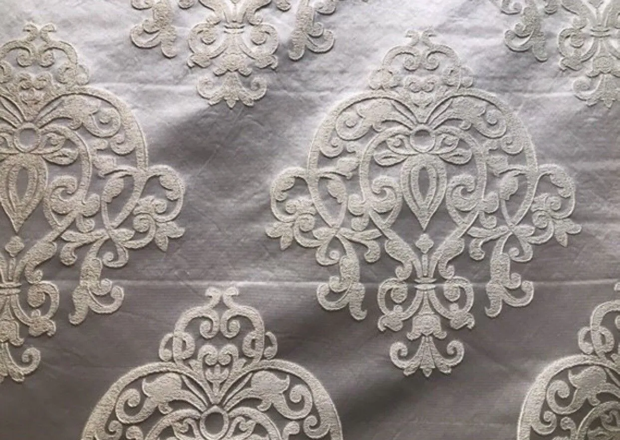 1 Yard Remnant- Sir Nathan Designer Brocade Satin Damask Upholstery Fabric - Ivory Grey