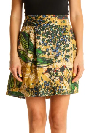 Beige Tropical Print Chic A-Line Skirt