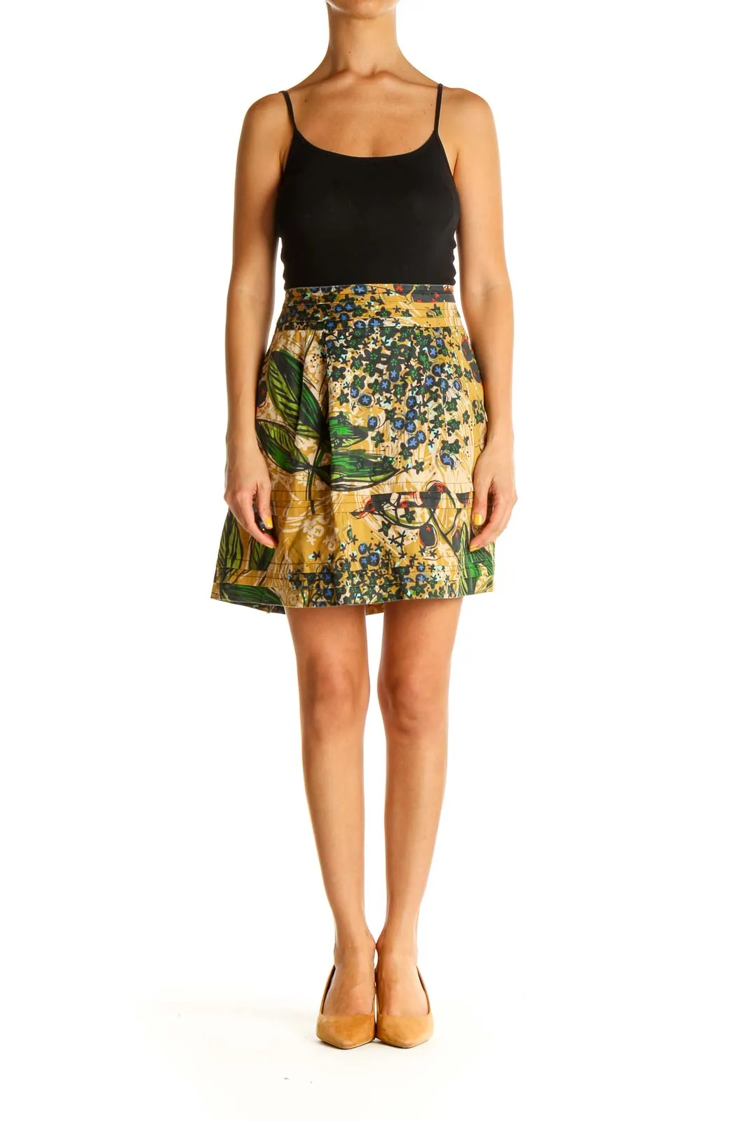 Beige Tropical Print Chic A-Line Skirt