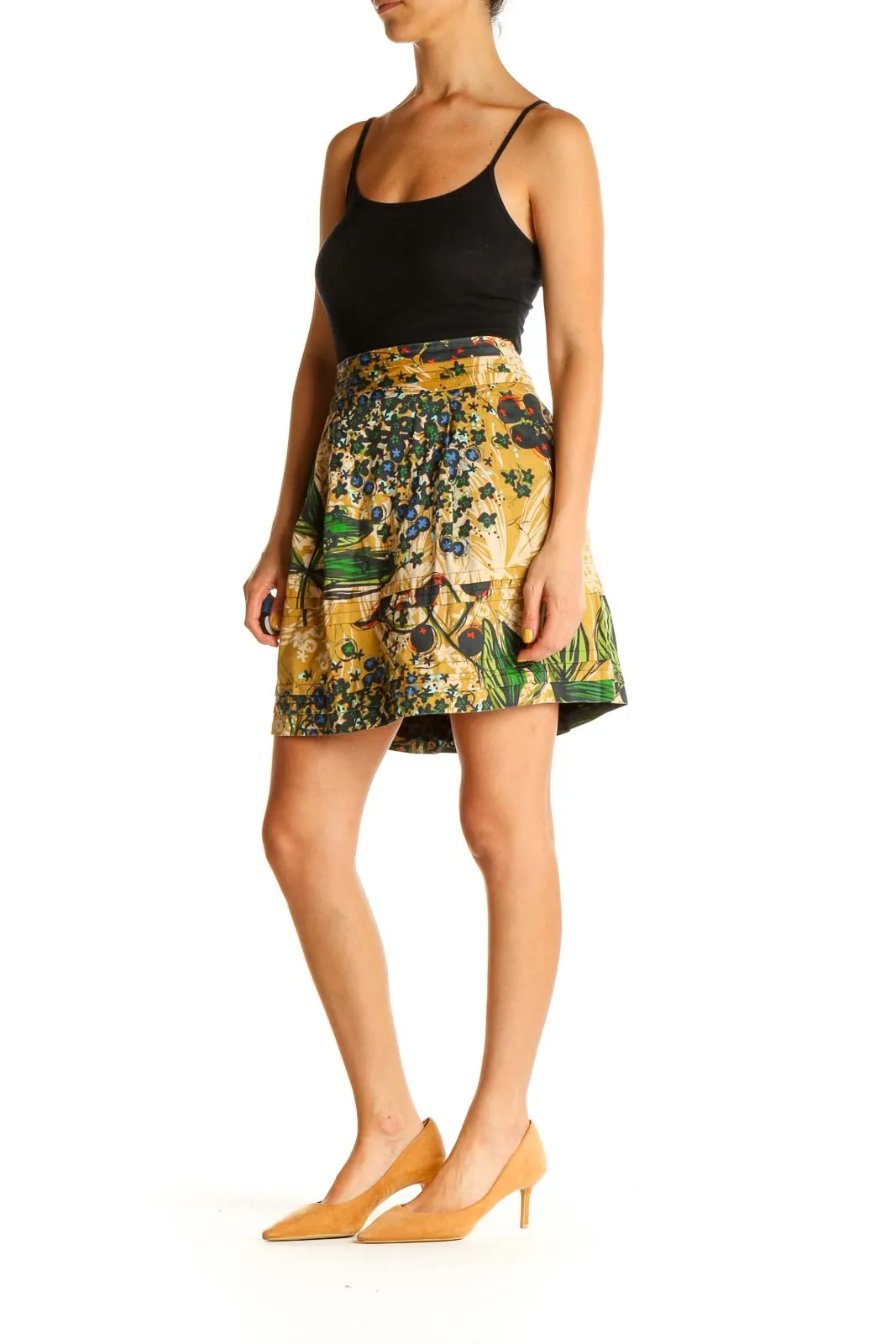 Beige Tropical Print Chic A-Line Skirt