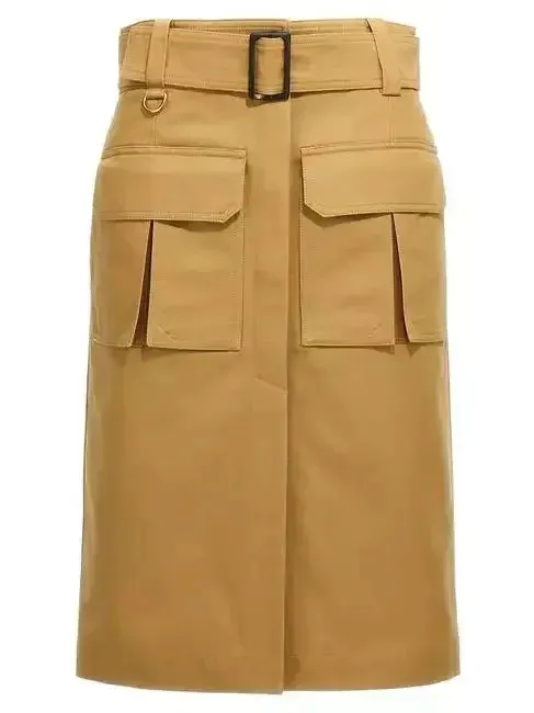 Belted Hidden-Button-Closure Cargo Skirt