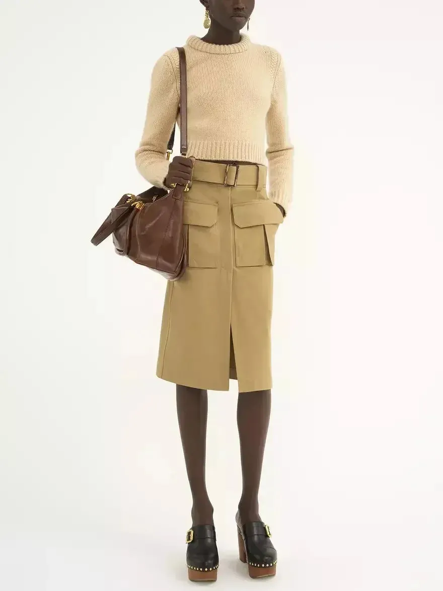 Belted Hidden-Button-Closure Cargo Skirt