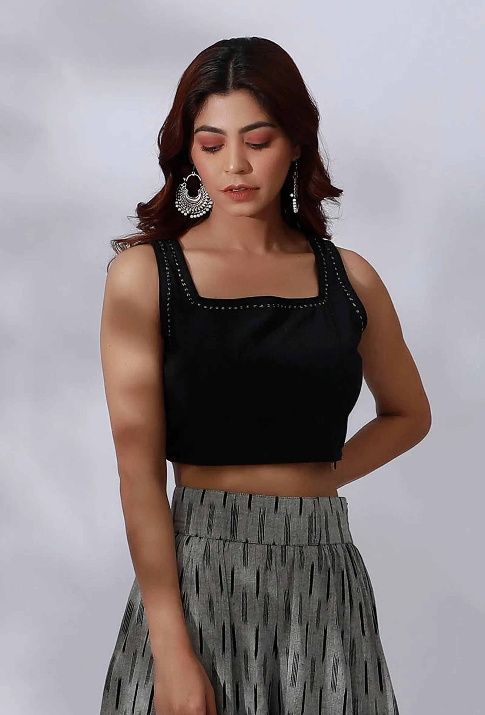 Black Cotton Crop Top With Embroidery Detailing