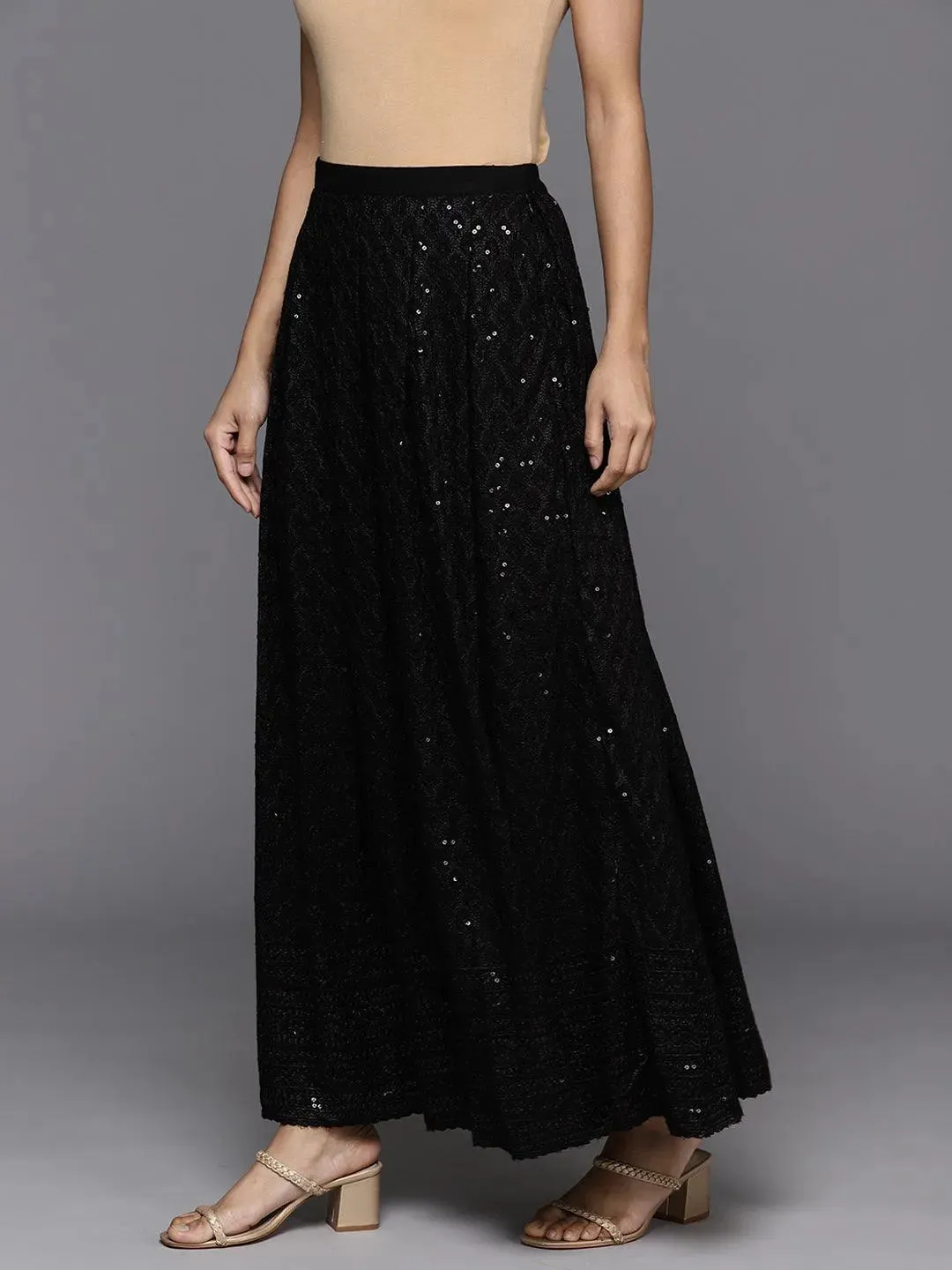 Black Embellished Rayon Skirts