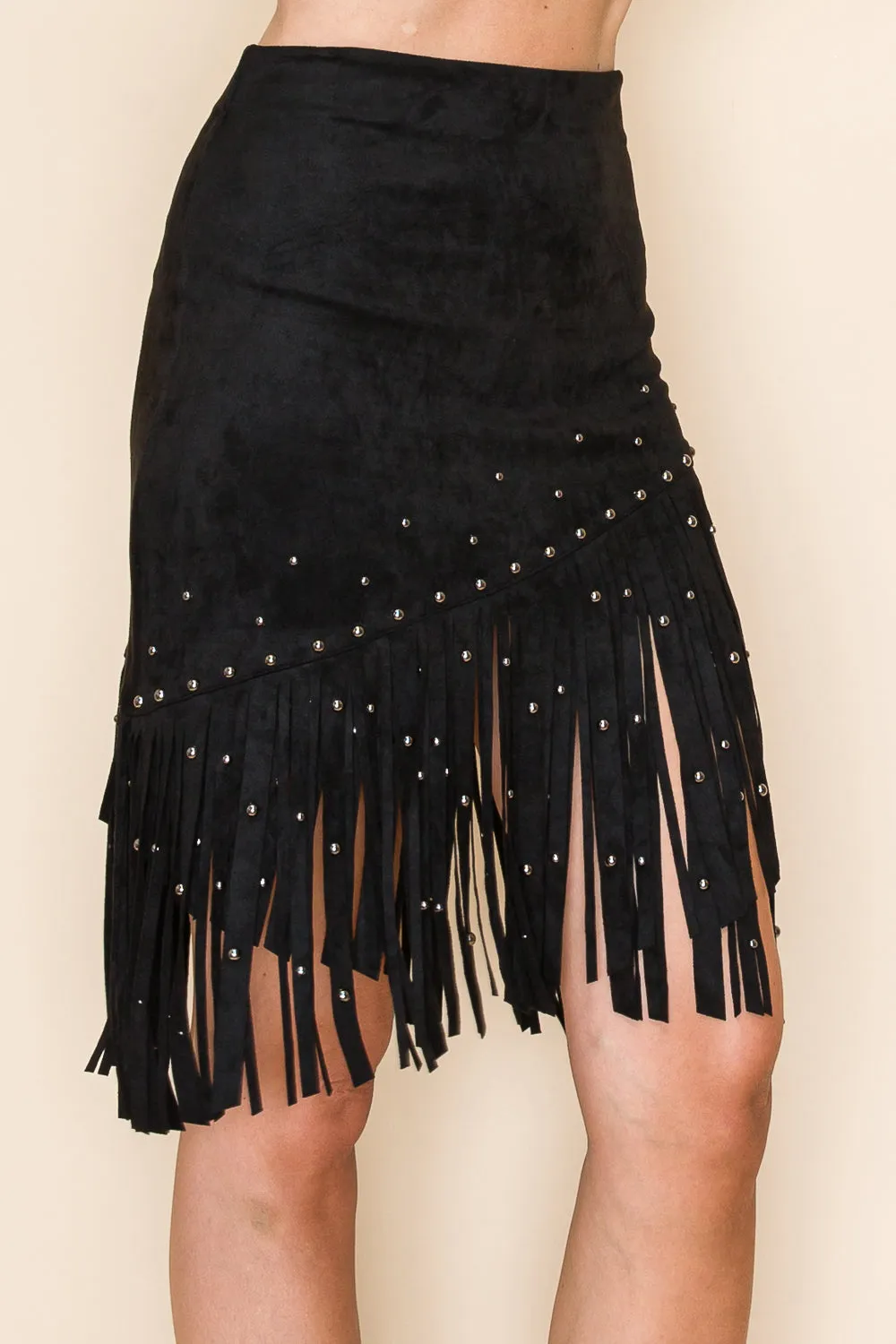 Black Faux Suede Fringed Skirt w/ Studs