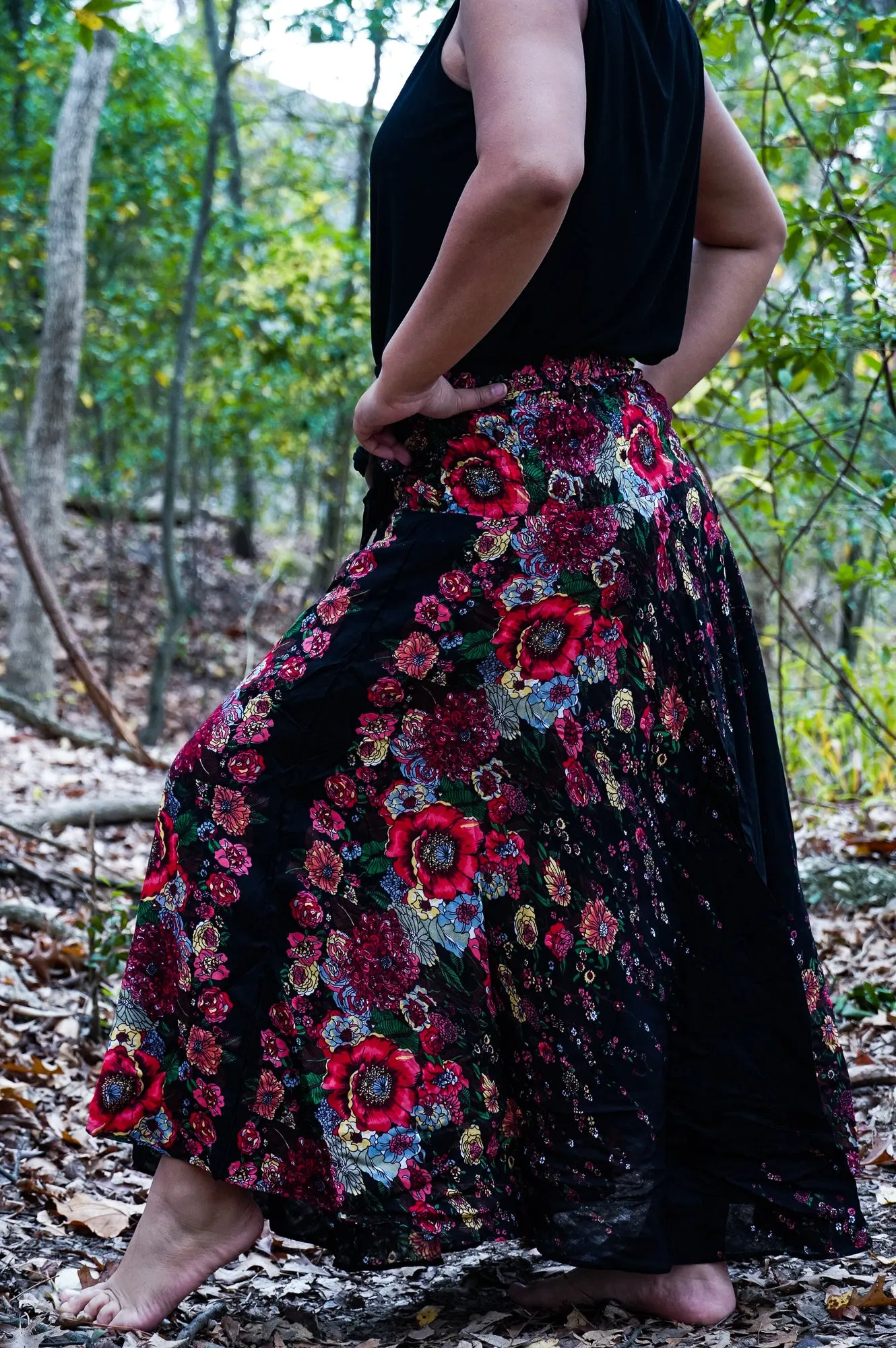 Black Floral Boho Skirt, Hippie Skirt, Gypsy Skirt