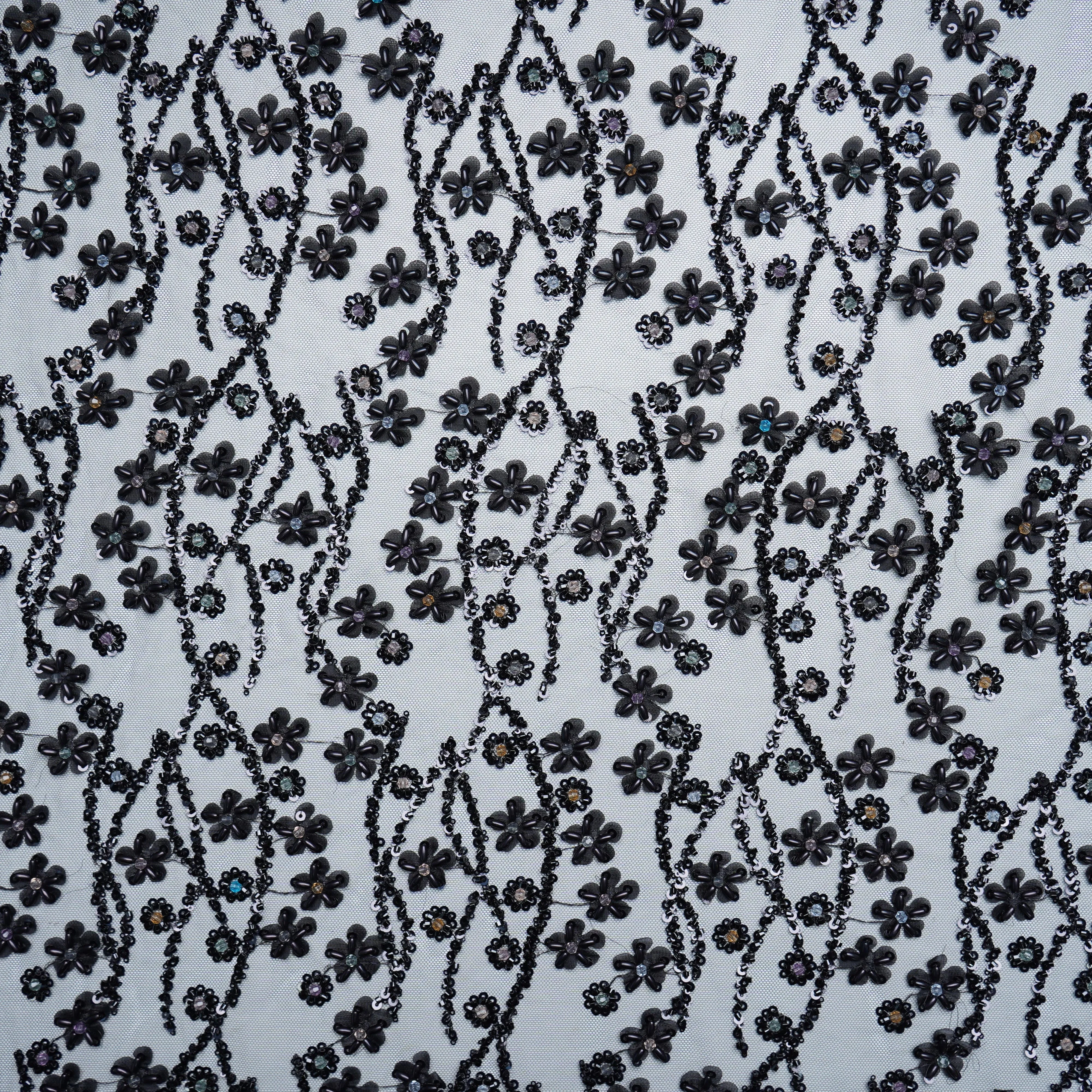 Black Floral Heavy Sequins Cut Dana Turkish Work Embroidery Net Fabric 15106