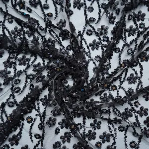 Black Floral Heavy Sequins Cut Dana Turkish Work Embroidery Net Fabric 15106