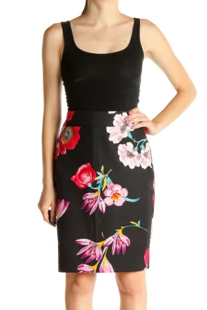 Black Floral Print Chic Pencil Skirt