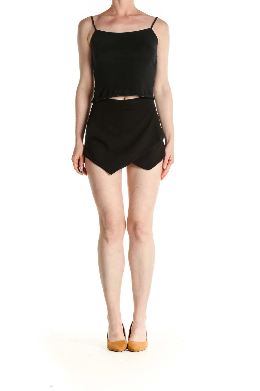 Black Solid Chic A-Line Skort