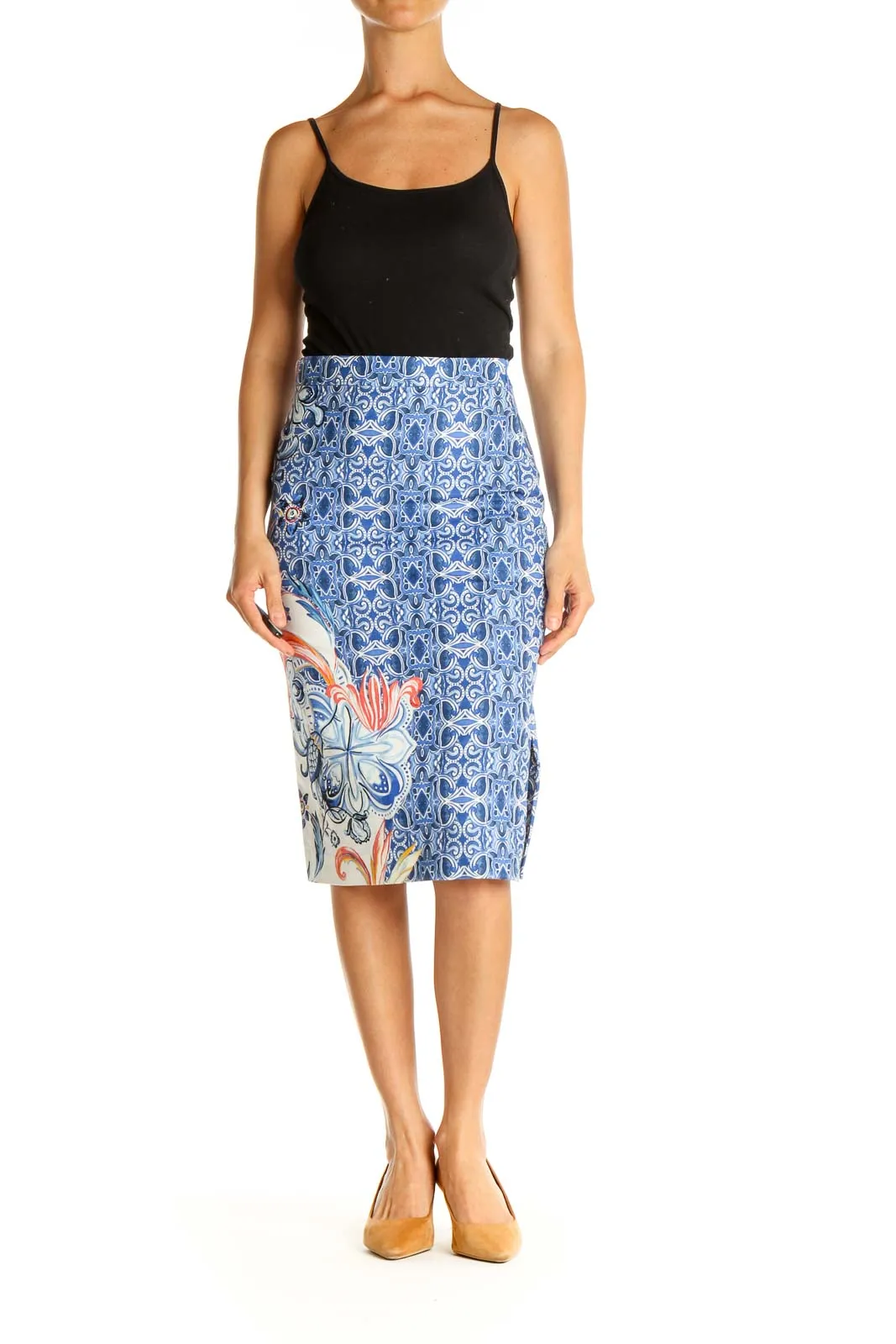 Blue Printed Chic Pencil Skirt