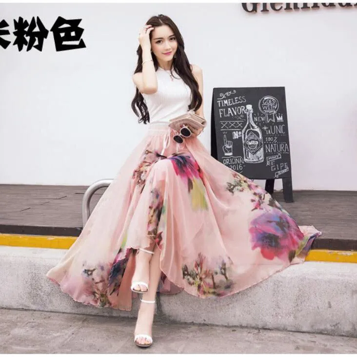 Bohemian Flower Print Chiffon Long Pleated Beach Skirt