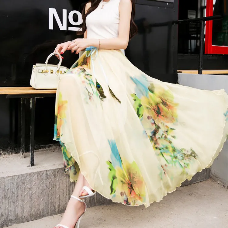 Bohemian Flower Print Chiffon Long Pleated Beach Skirt