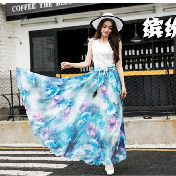 Bohemian Flower Print Chiffon Long Pleated Beach Skirt