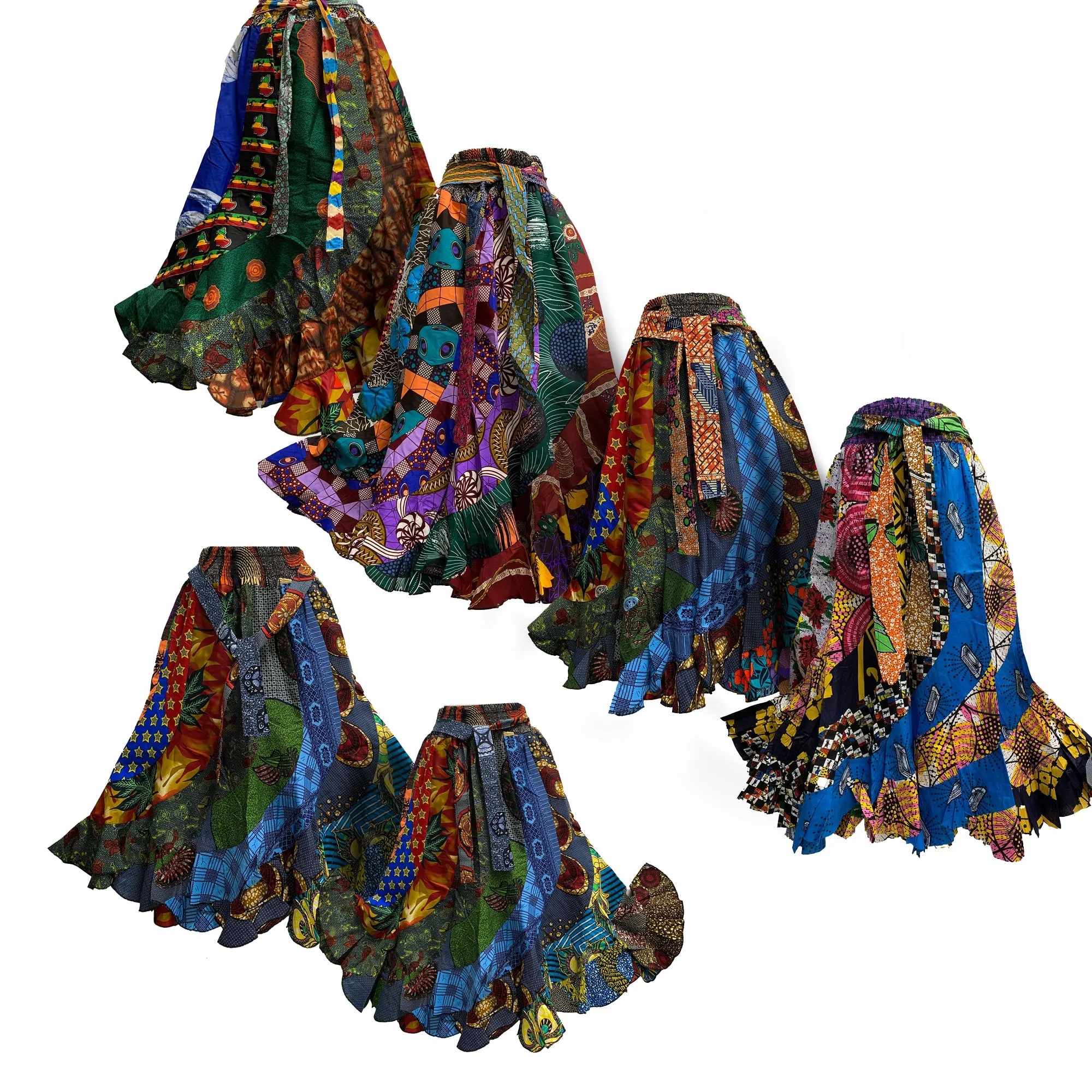 Bohemian Handmade Patchwork African Tiered Skirt Pure Wax Cotton Long Ruffled Skirt With Head Scarf And Two Pockets Tube Dress [ASSORTMENTS]