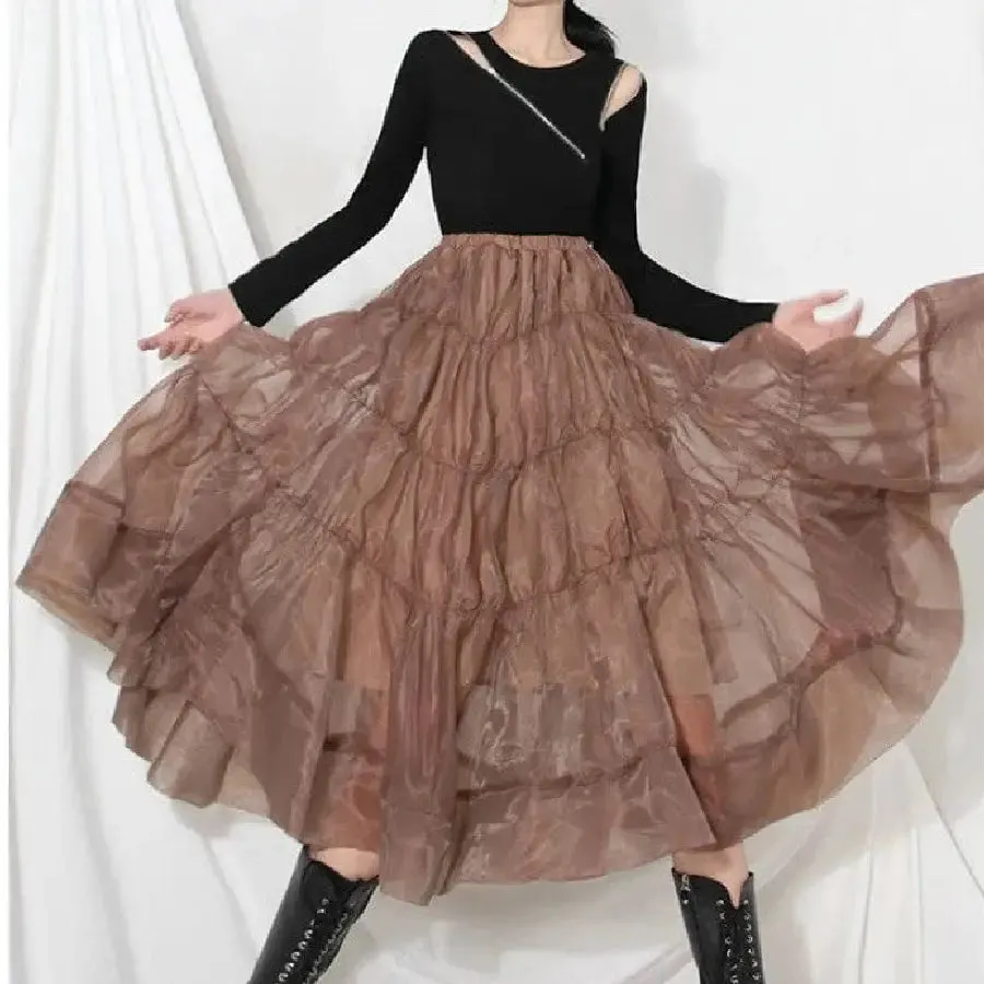 Chiffon High Waist Brown Ruffled Midi Skirts