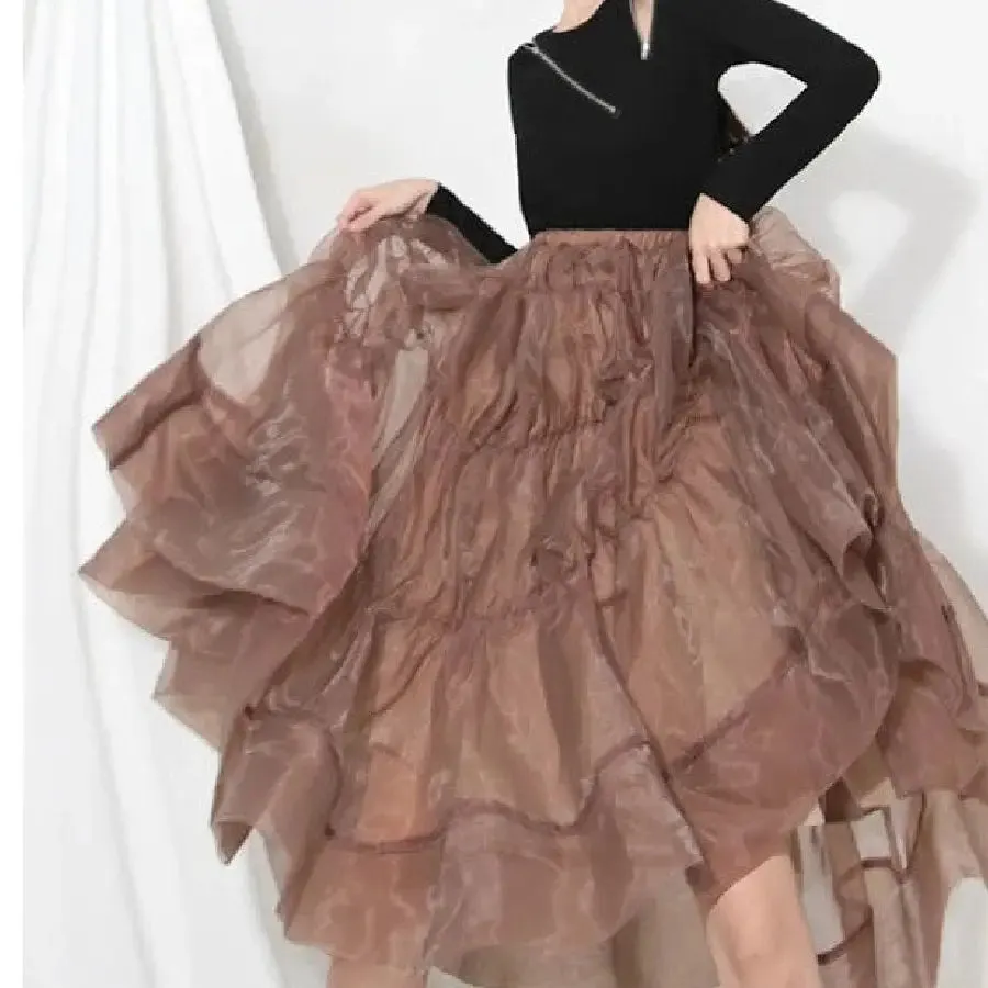 Chiffon High Waist Brown Ruffled Midi Skirts