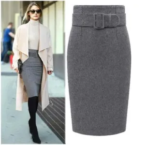 Clearance Fashion Belt Buckle Pure Color Cotton Pencil Skirt