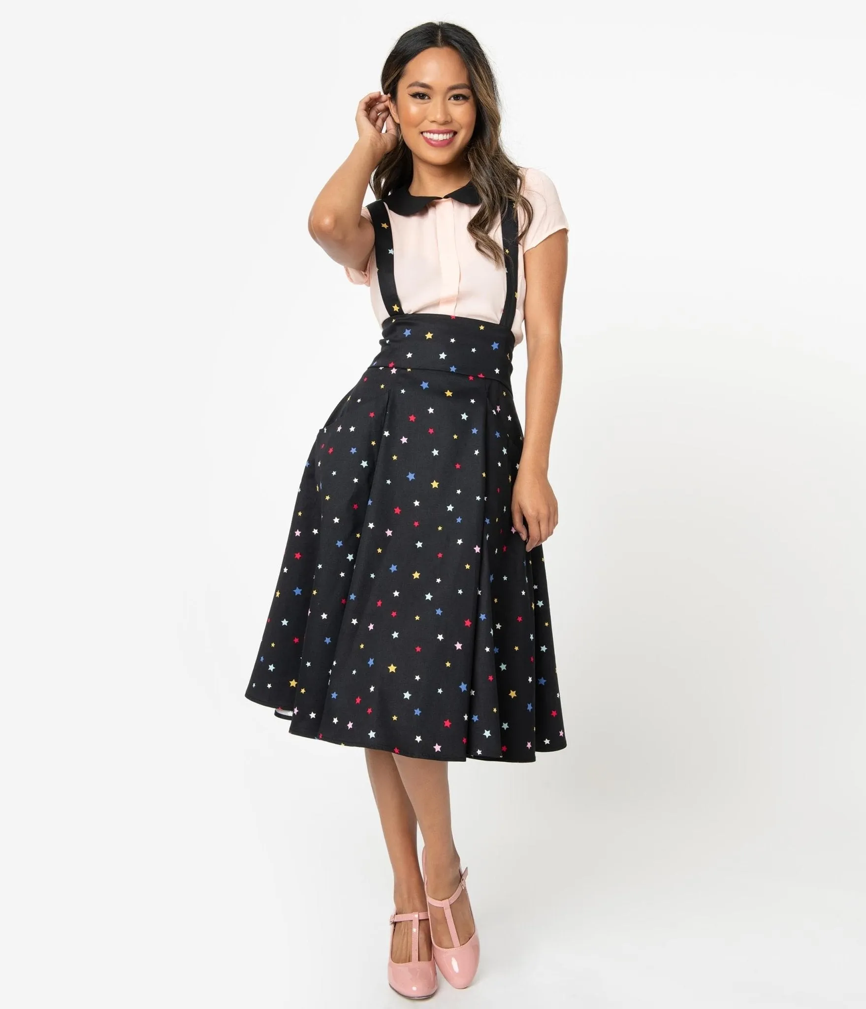 Collectif 1950s Black & Multicolor Stars Alexa Suspender Swing Skirt