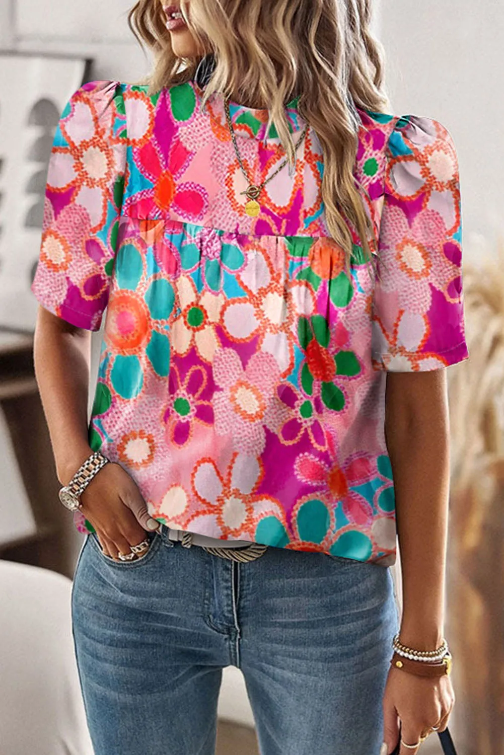 color Boho Flower Print Puff Short Sleeve Top