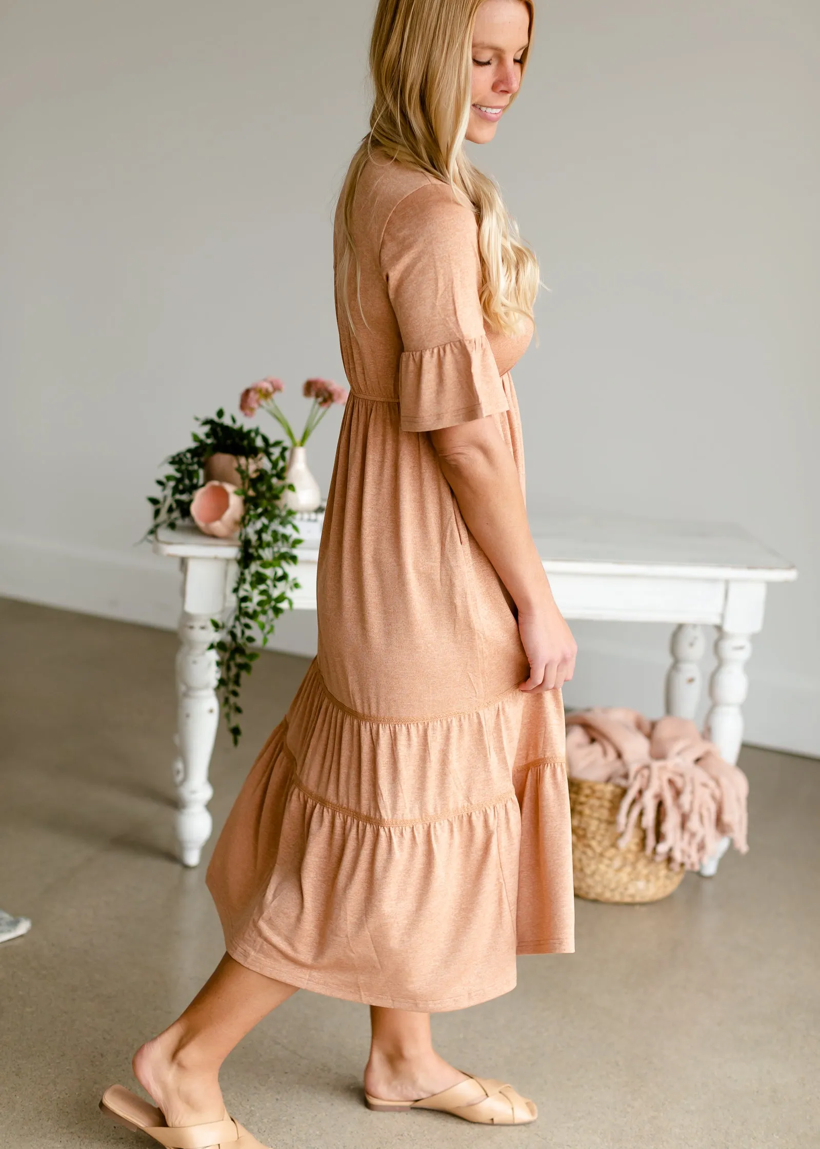 Dusty Peach Tiered Knit Midi Dress