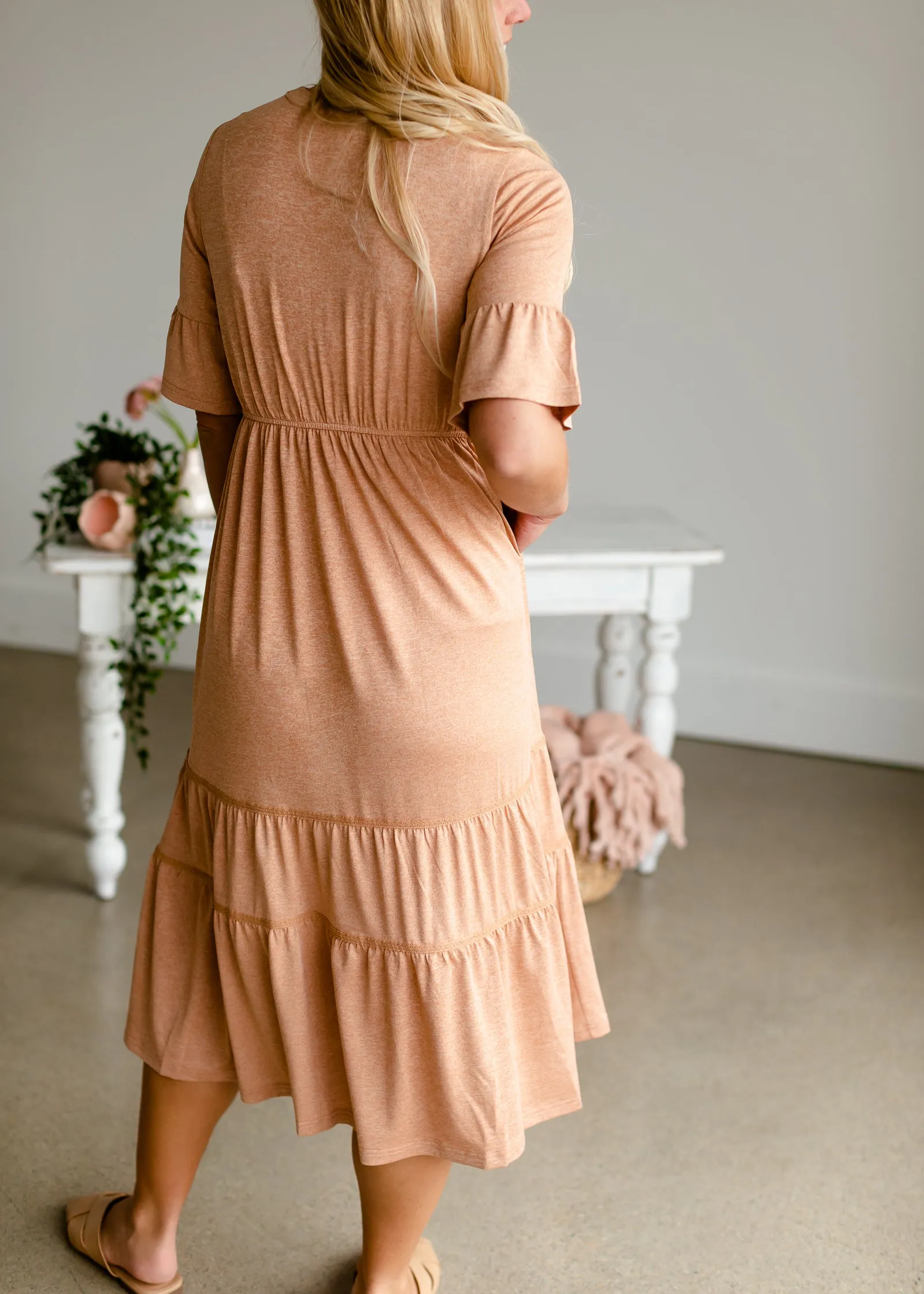 Dusty Peach Tiered Knit Midi Dress