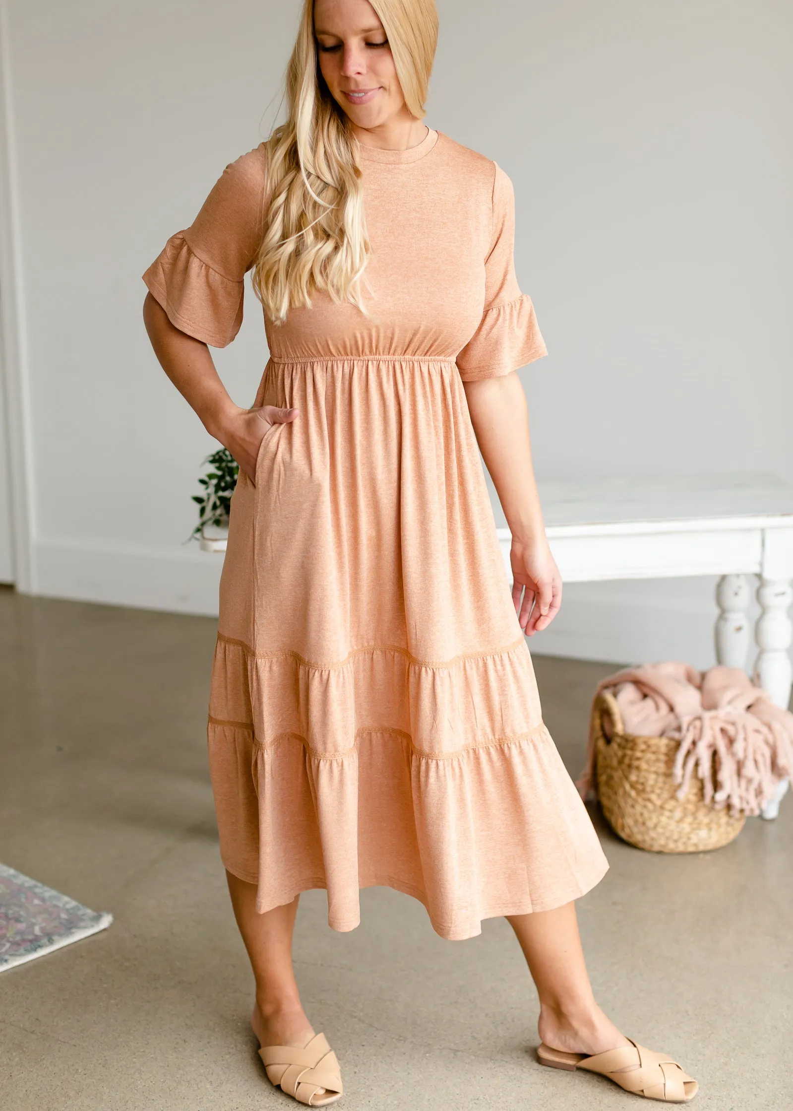 Dusty Peach Tiered Knit Midi Dress