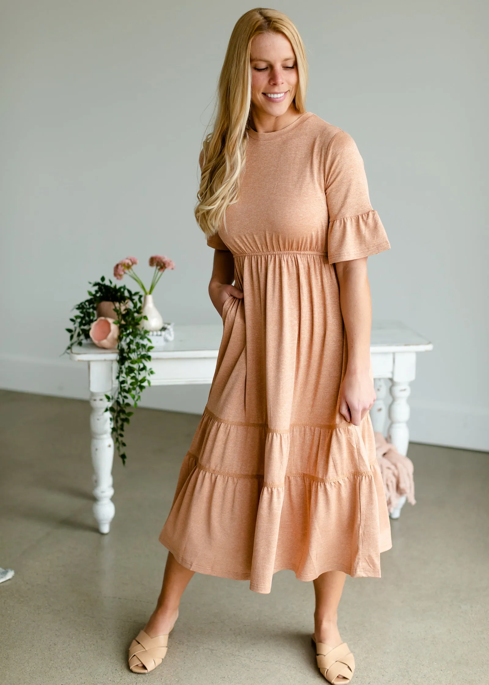 Dusty Peach Tiered Knit Midi Dress