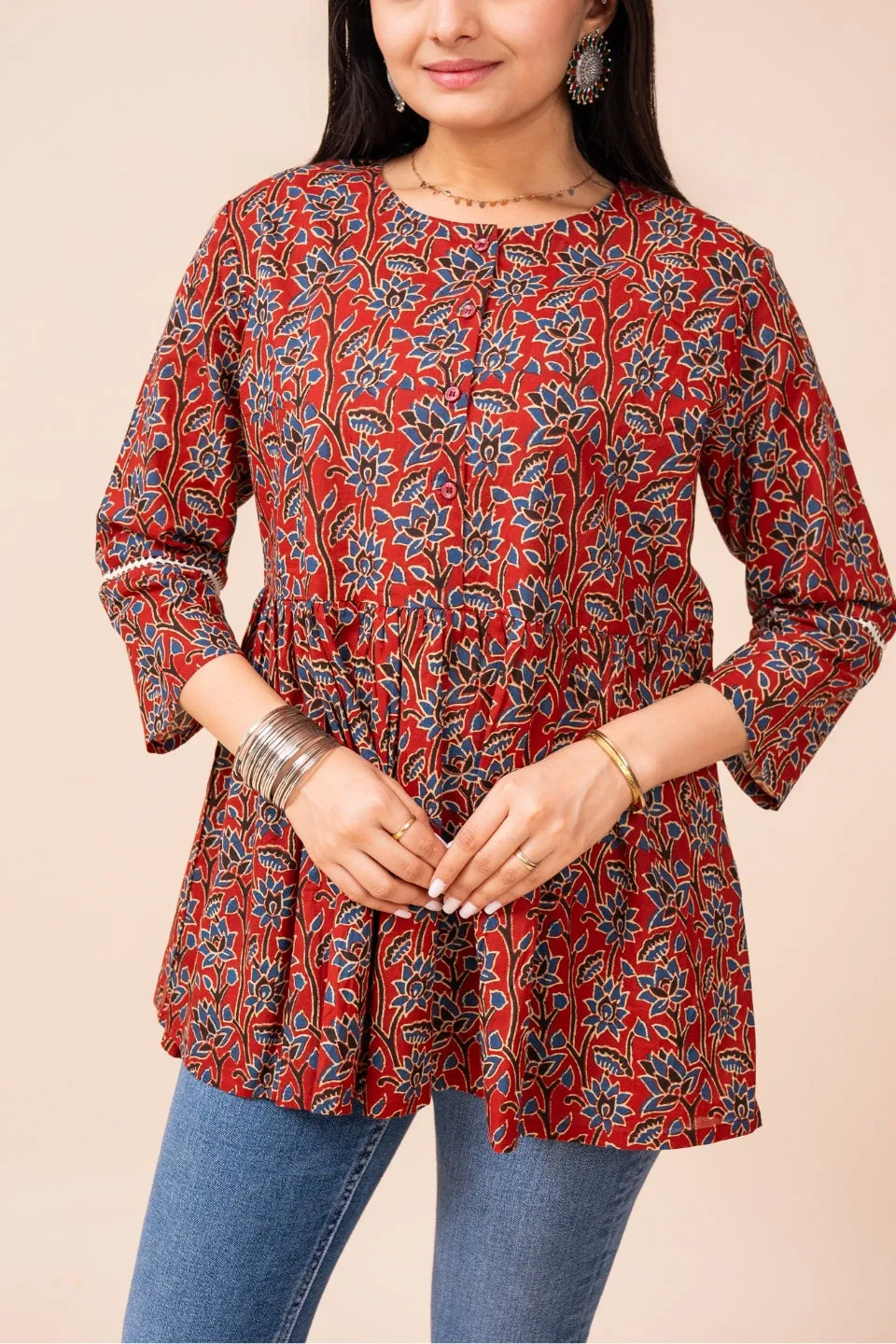 Ekisha's women marron ajrak floral printed cotton tunic top short kurti