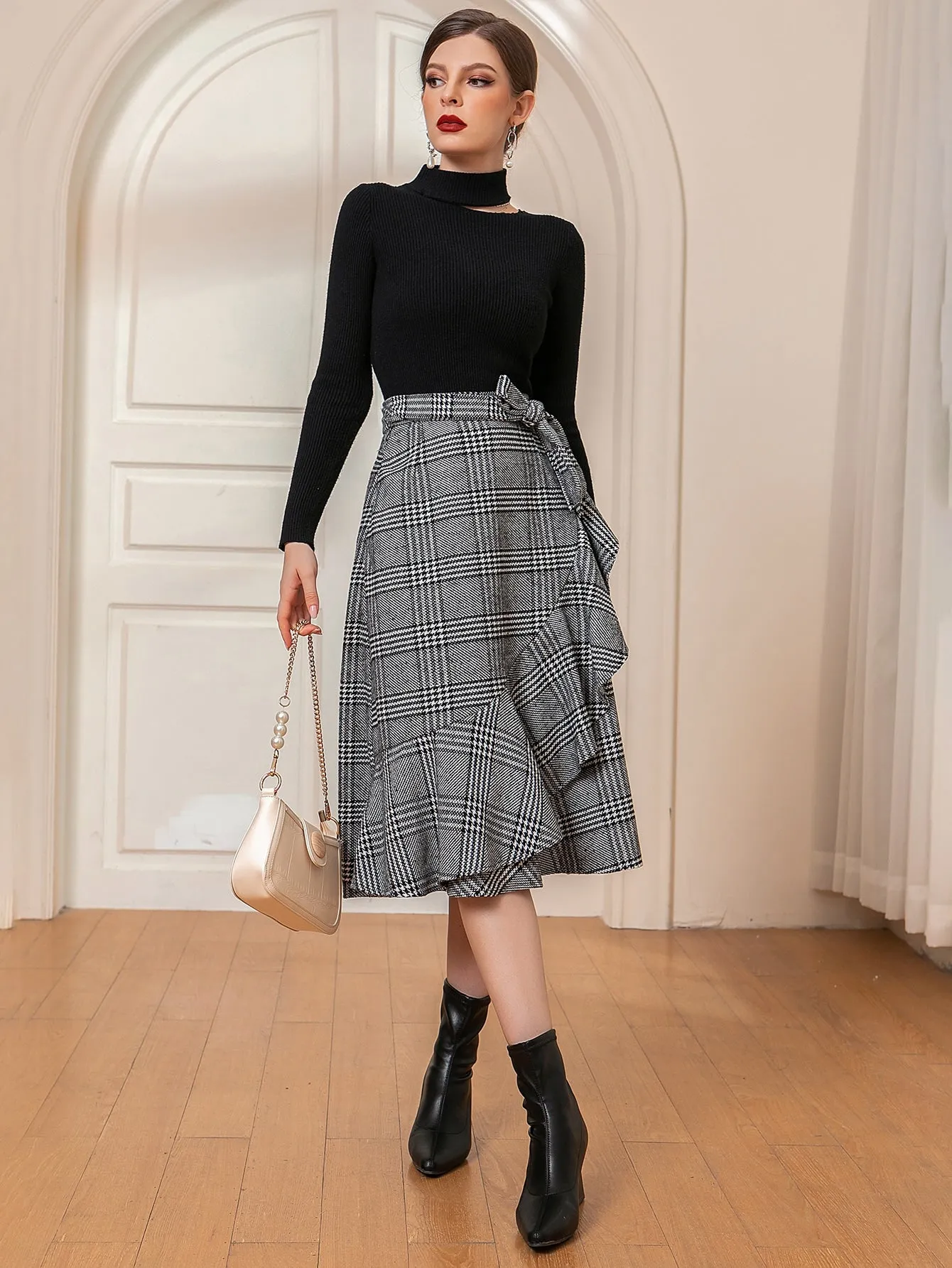 Elegant Houndstooth Knot High Waist Midi Women Skirt