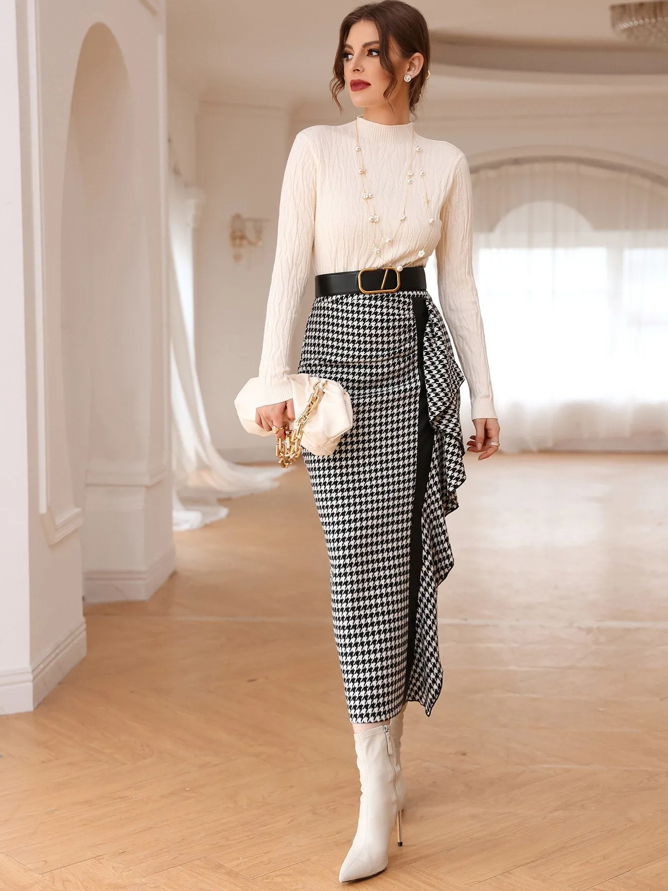 Elegant Houndstooth Split High Waist Long Women Skirt