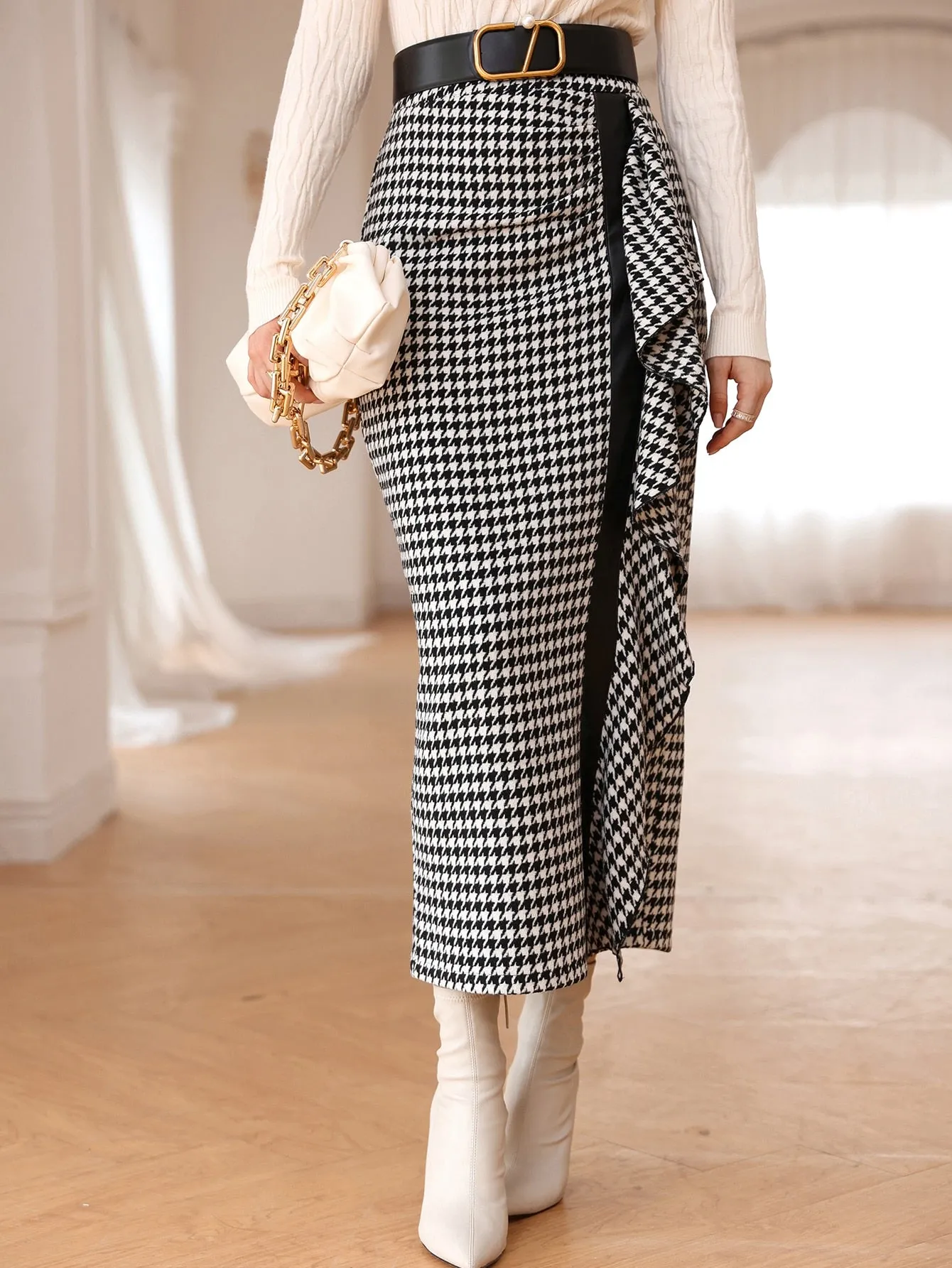 Elegant Houndstooth Split High Waist Long Women Skirt