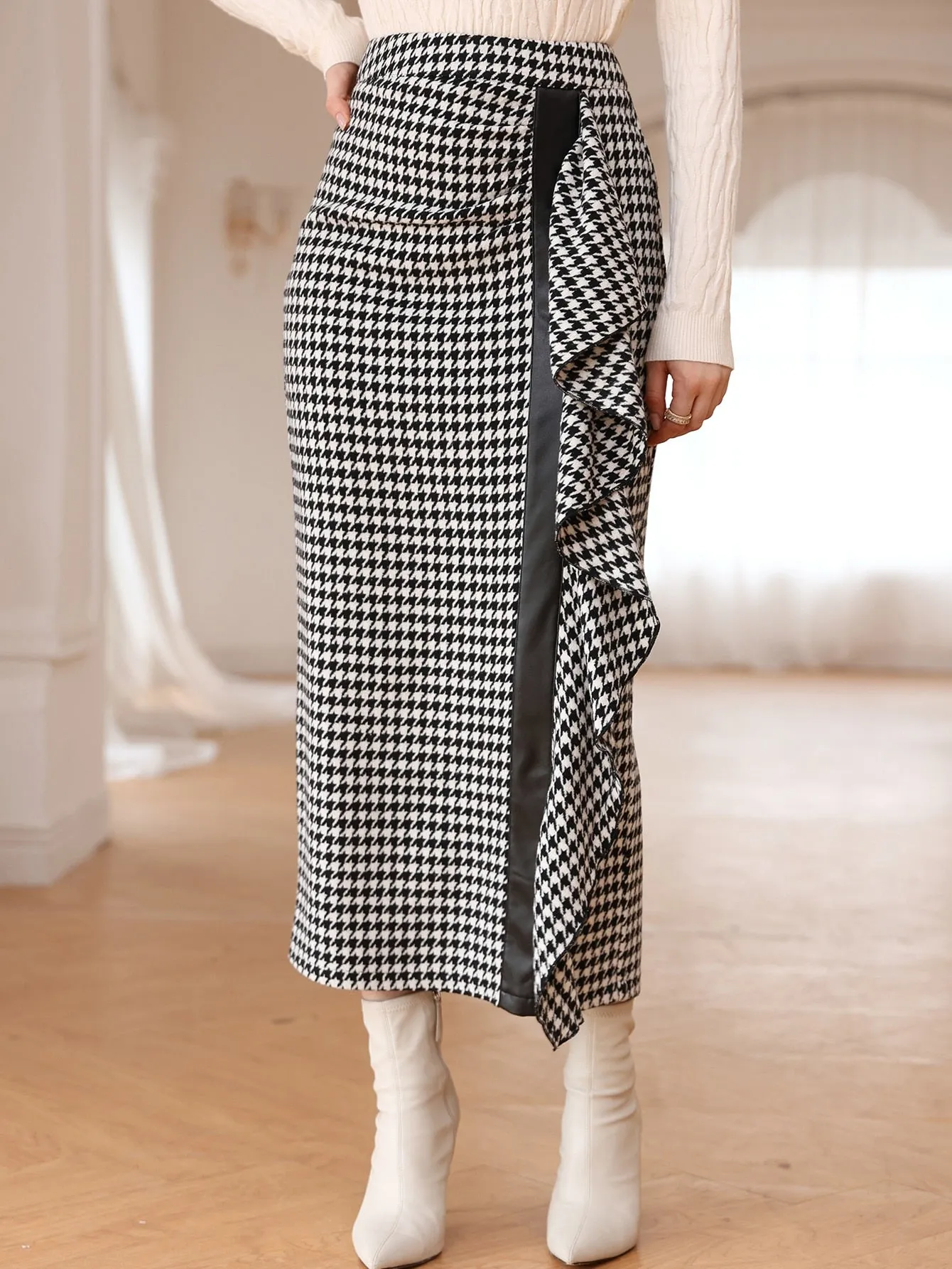 Elegant Houndstooth Split High Waist Long Women Skirt