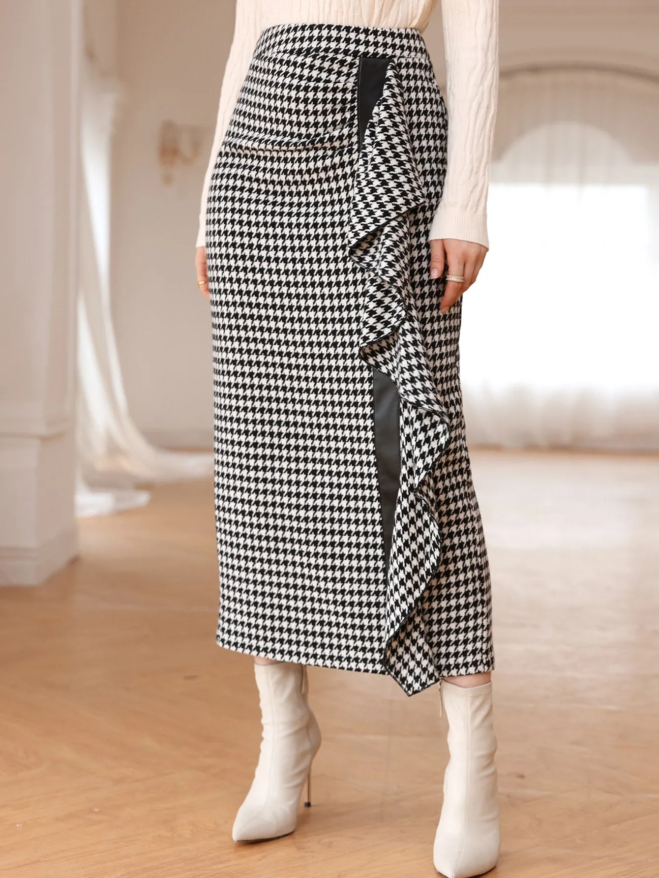 Elegant Houndstooth Split High Waist Long Women Skirt