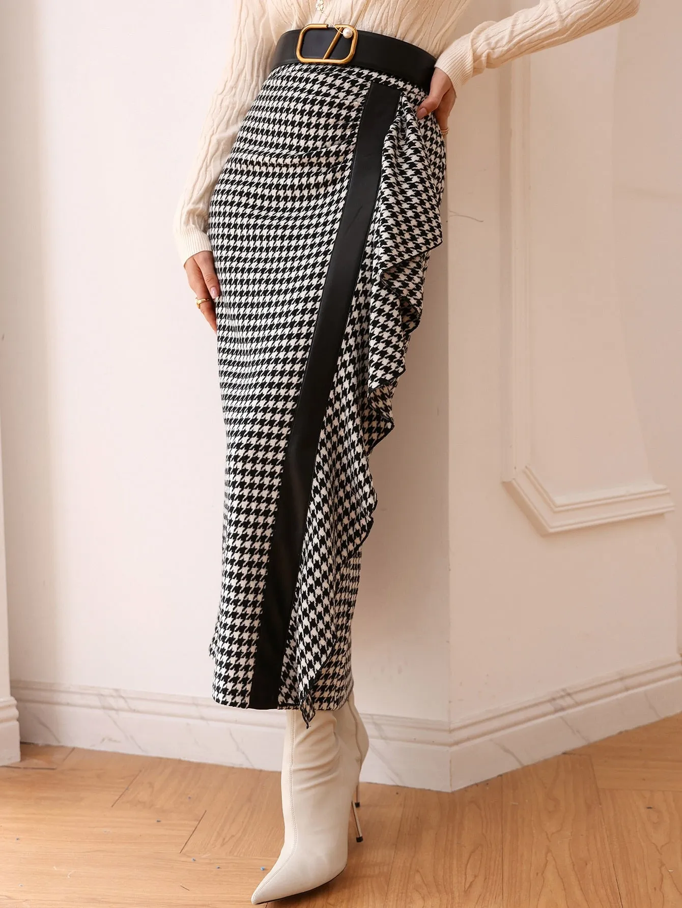 Elegant Houndstooth Split High Waist Long Women Skirt