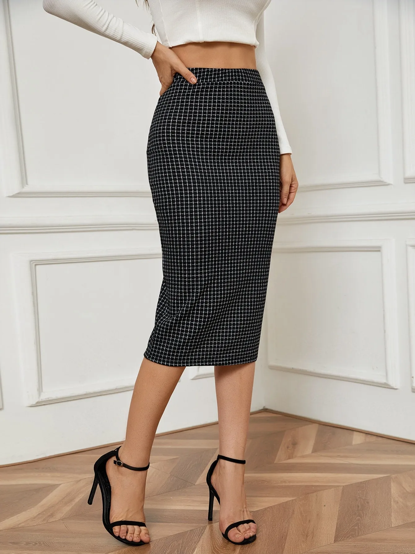 Elegant Plaid Split Natural Midi Women Skirt