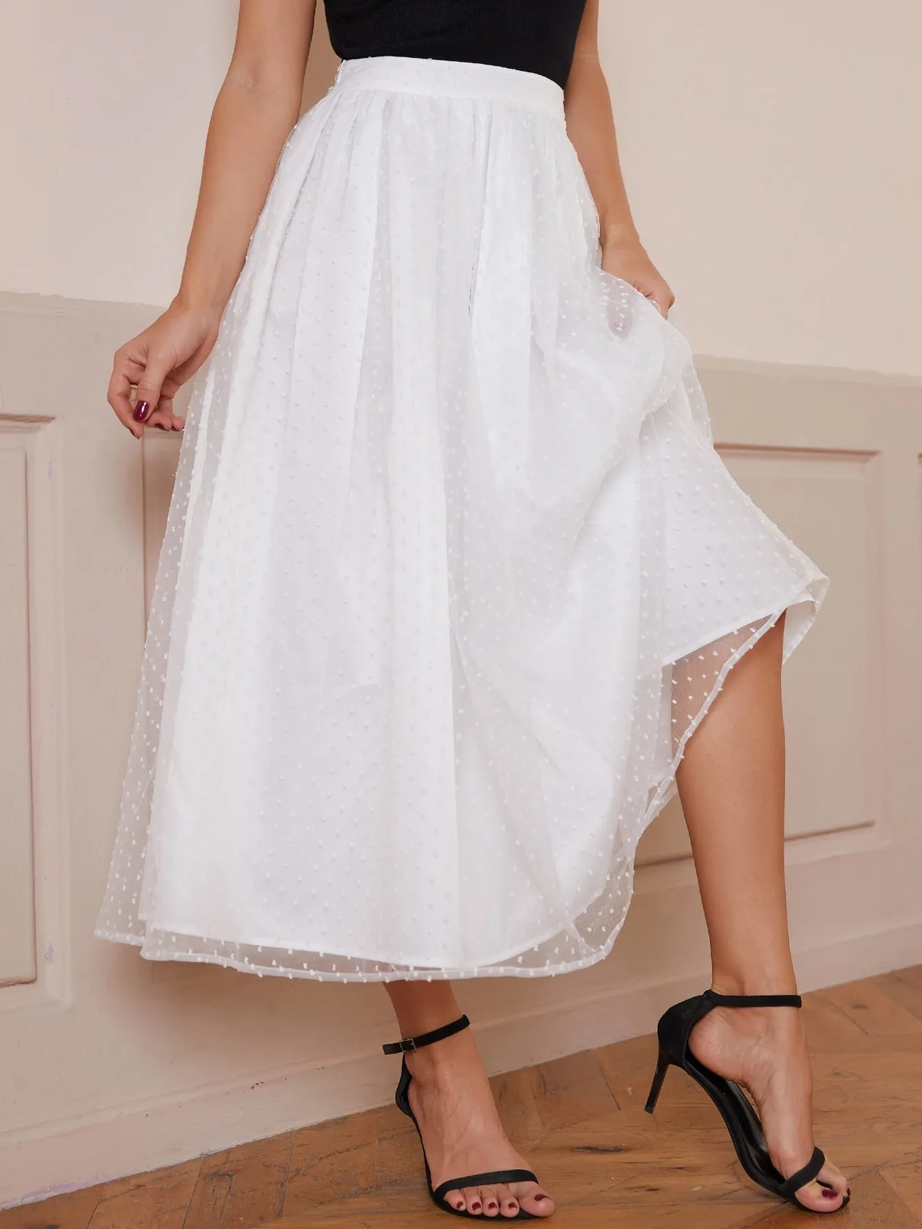 Elegant Plain Contrast Mesh High Waist Long Women Skirt