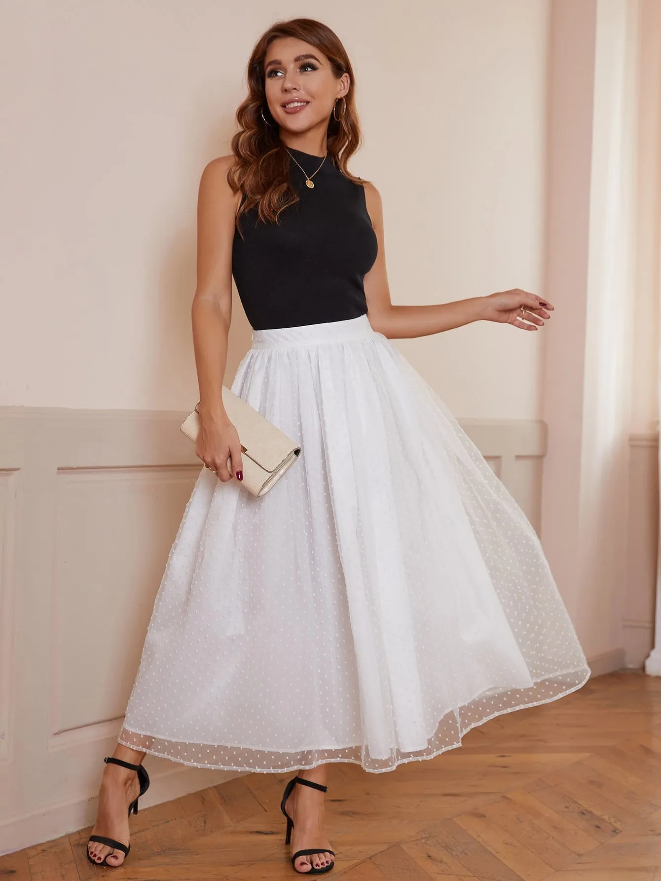 Elegant Plain Contrast Mesh High Waist Long Women Skirt