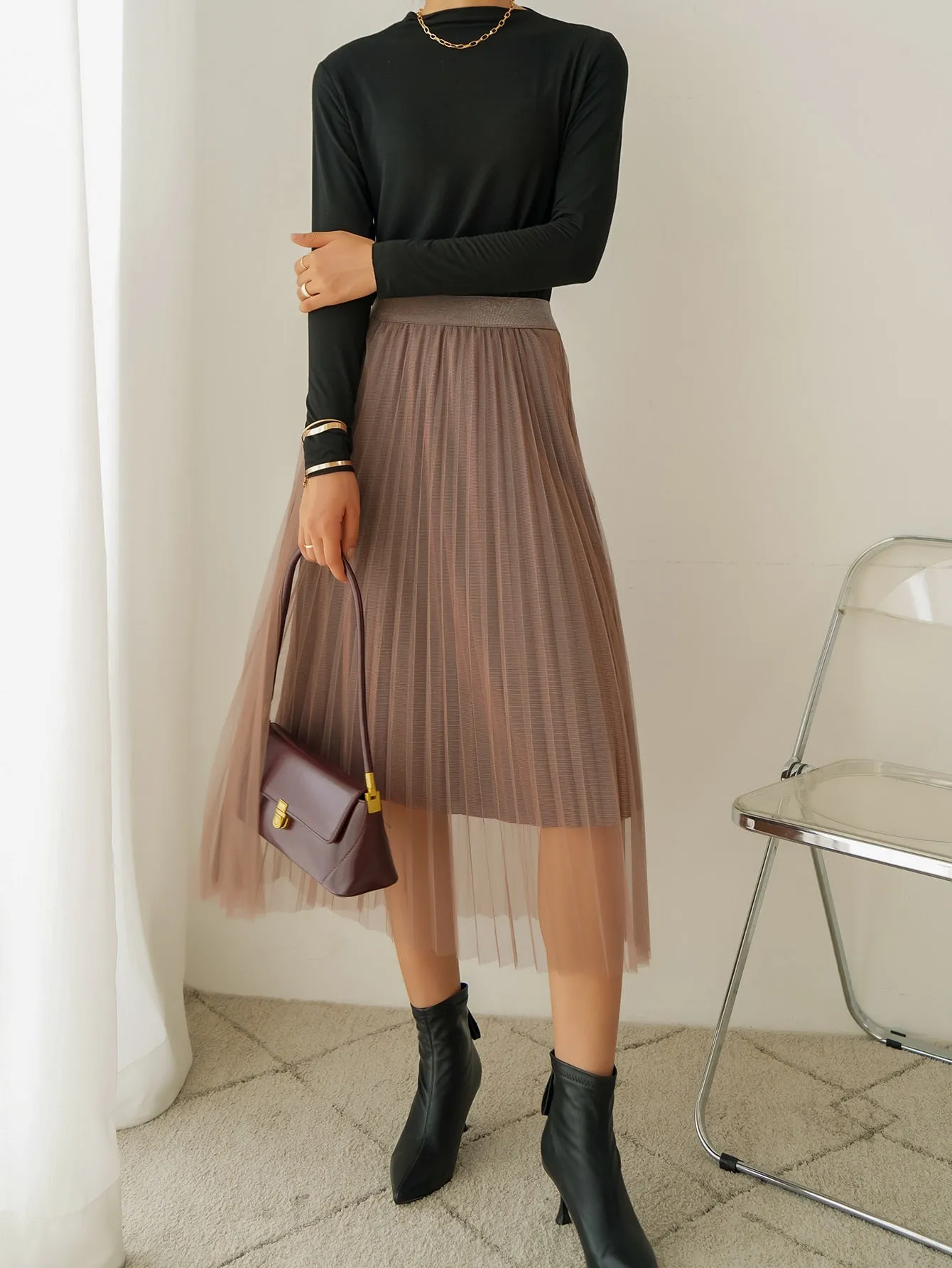 Elegant Plain Pleated High Waist Midi Women Skirt