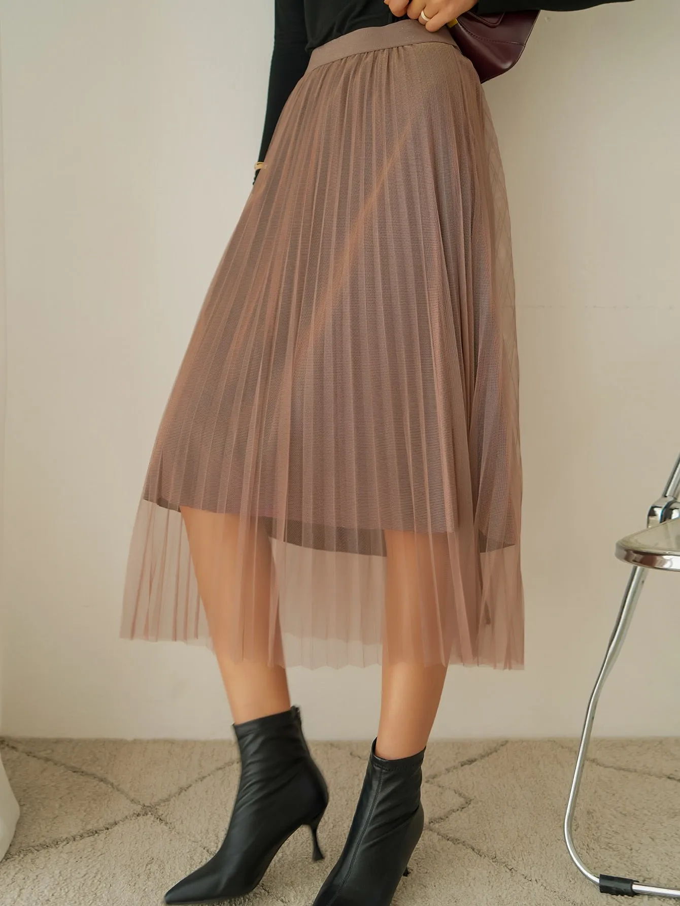 Elegant Plain Pleated High Waist Midi Women Skirt