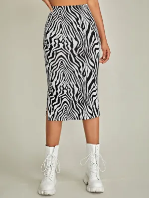 Elegant Zebra Stripe Split High Waist Midi Women Skirt