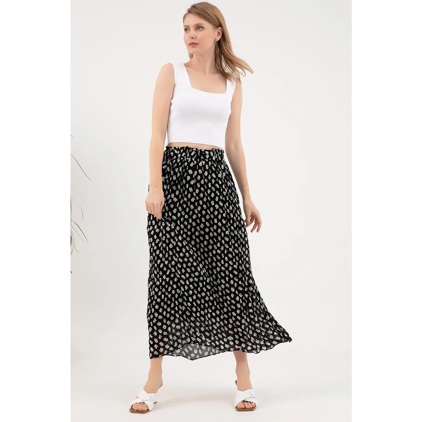 Floral Lined Chiffon Pleated Skirt