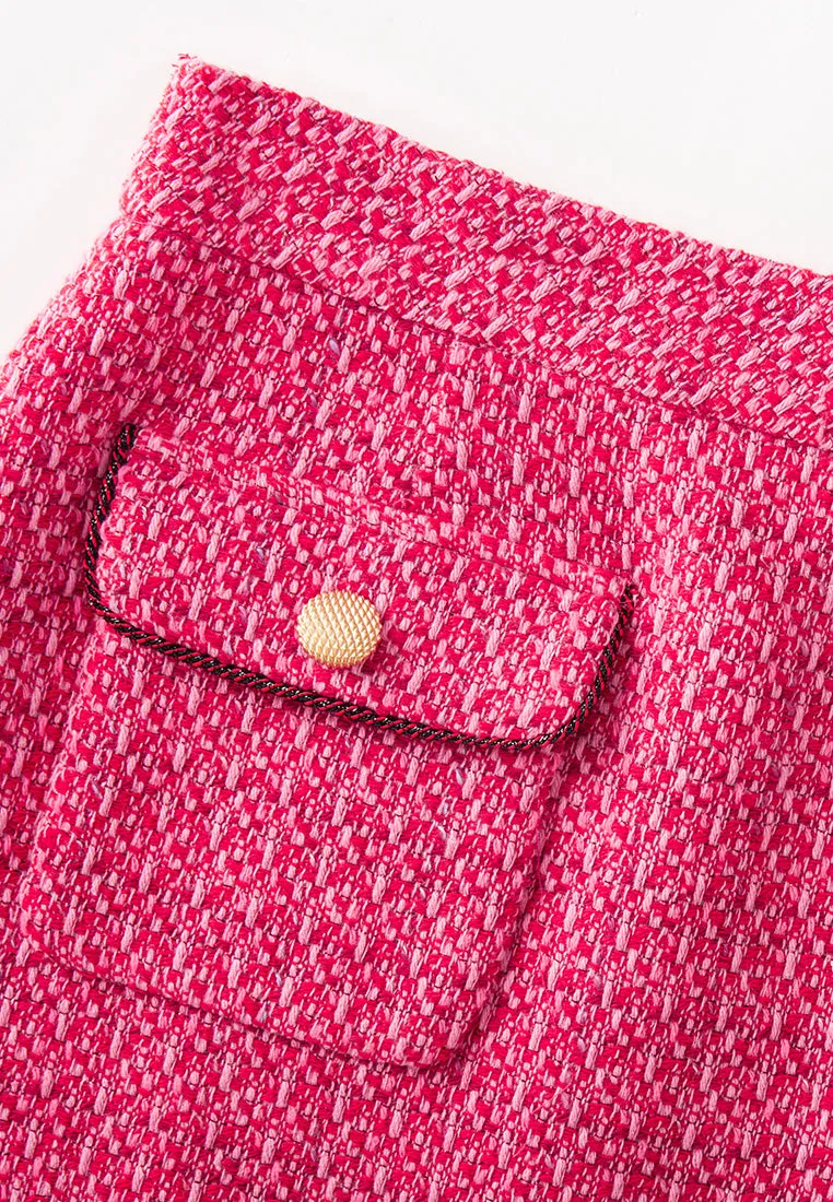 Fuchsia Pink Patch-Pocket Tweed Skirt