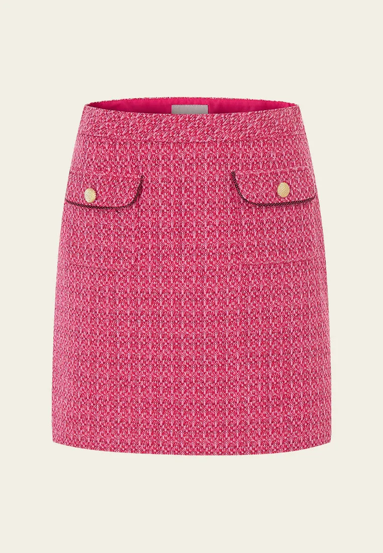 Fuchsia Pink Patch-Pocket Tweed Skirt