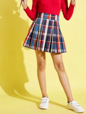 Girls Blue & Red Check Front Pleated Skirt