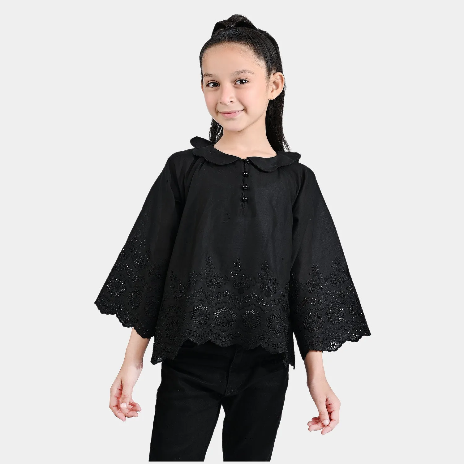 Girls Chicken Kari Emb Crop Top-BLACK