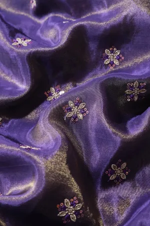 Gold Sequins And Zari Floral Booti Embroidery Work On Purple Pure Viscose Zari Tissue Fabric