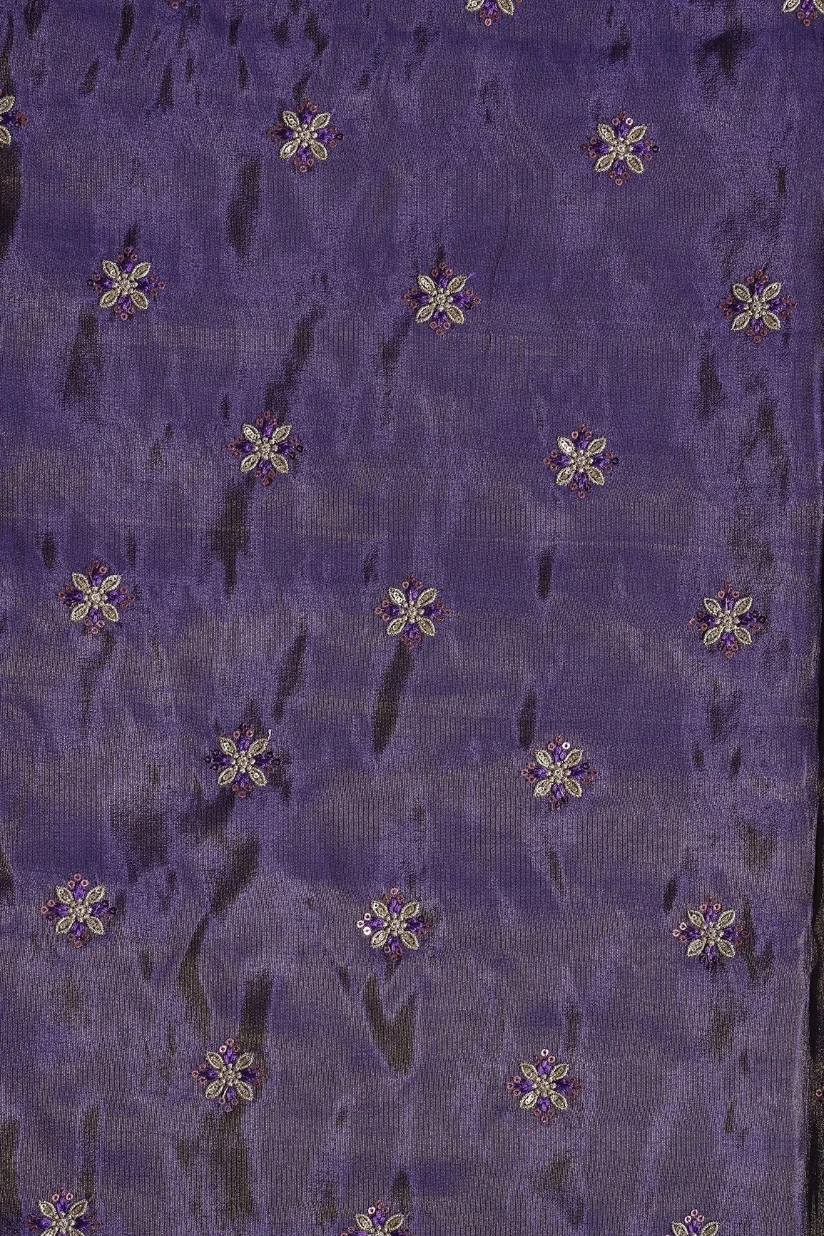 Gold Sequins And Zari Floral Booti Embroidery Work On Purple Pure Viscose Zari Tissue Fabric