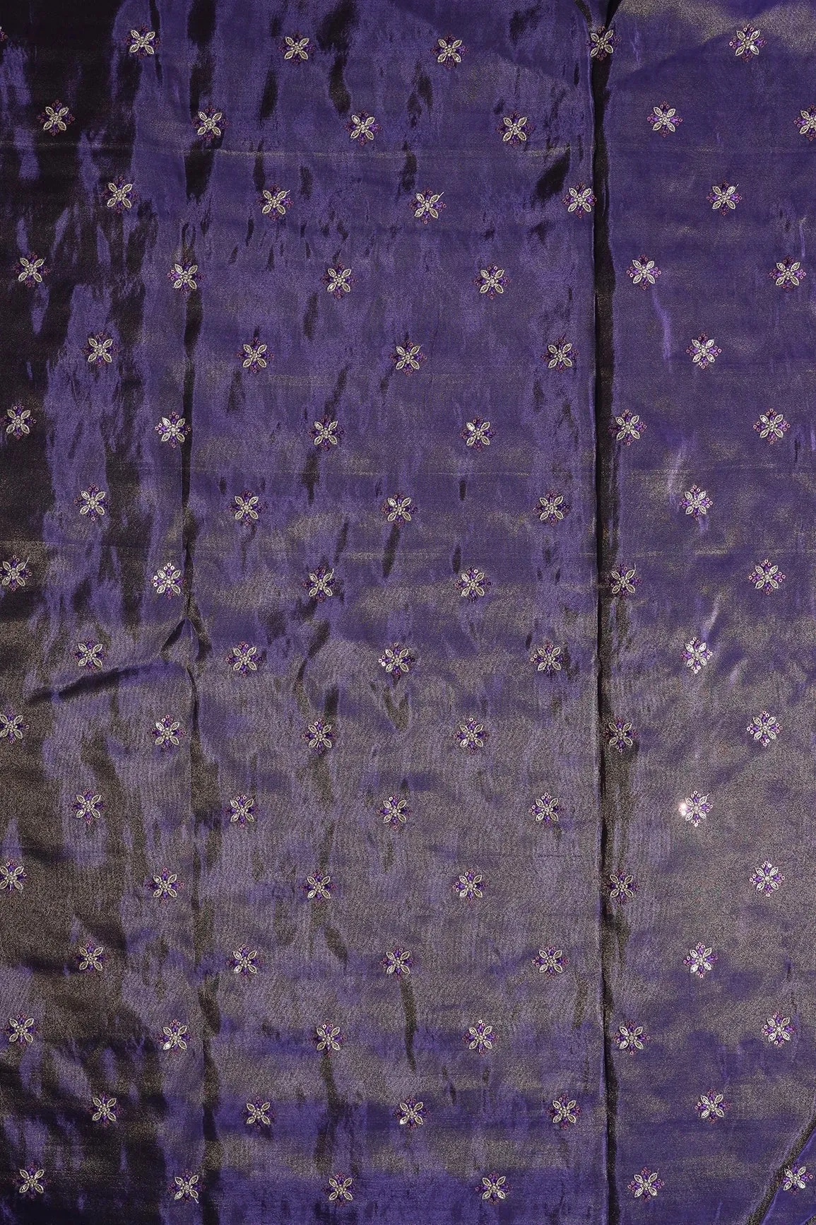 Gold Sequins And Zari Floral Booti Embroidery Work On Purple Pure Viscose Zari Tissue Fabric