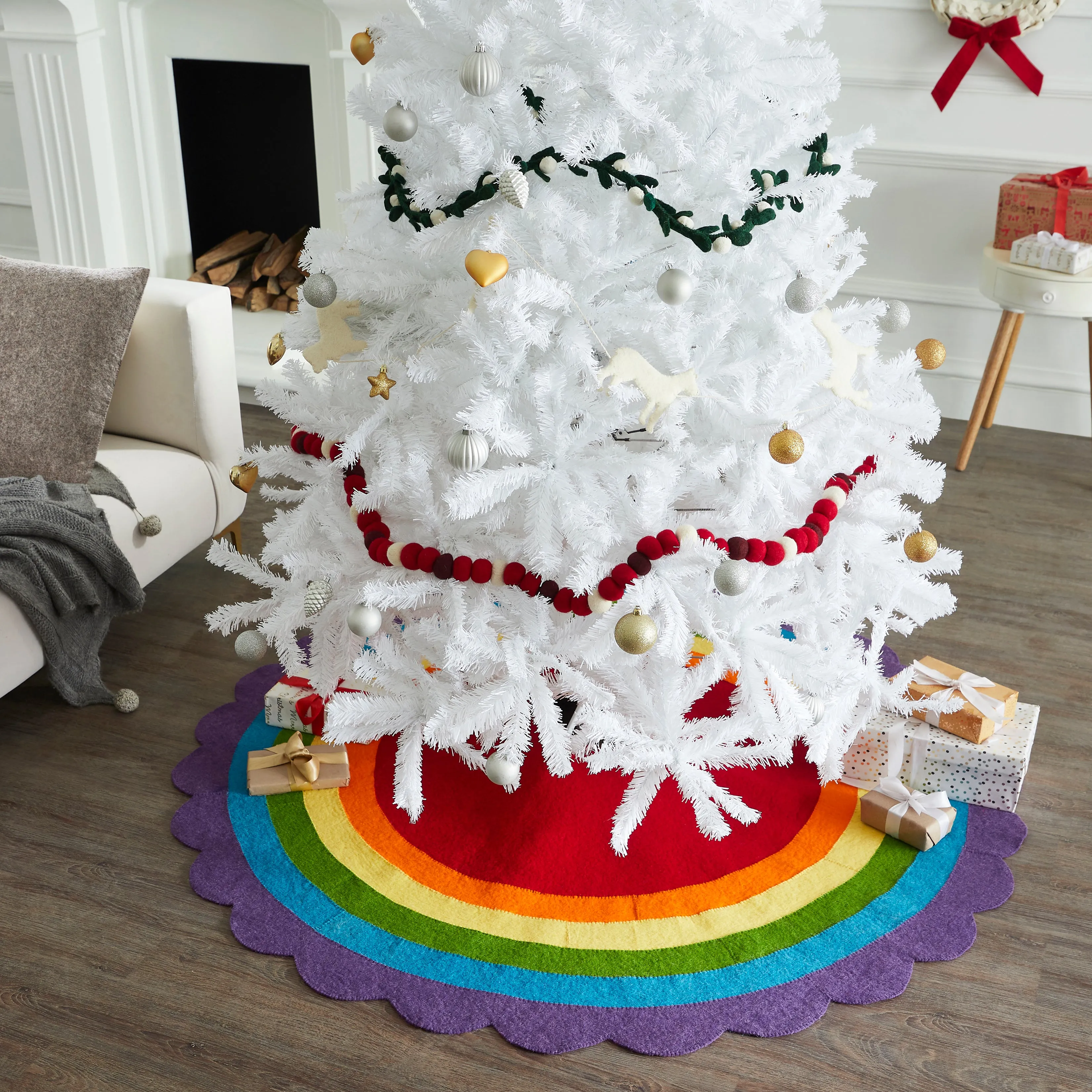 Hand Felted Wool Christmas Tree Skirt - Rainbow Pride Colors, 60", Colorful, Large, Luxury, Big Buttons